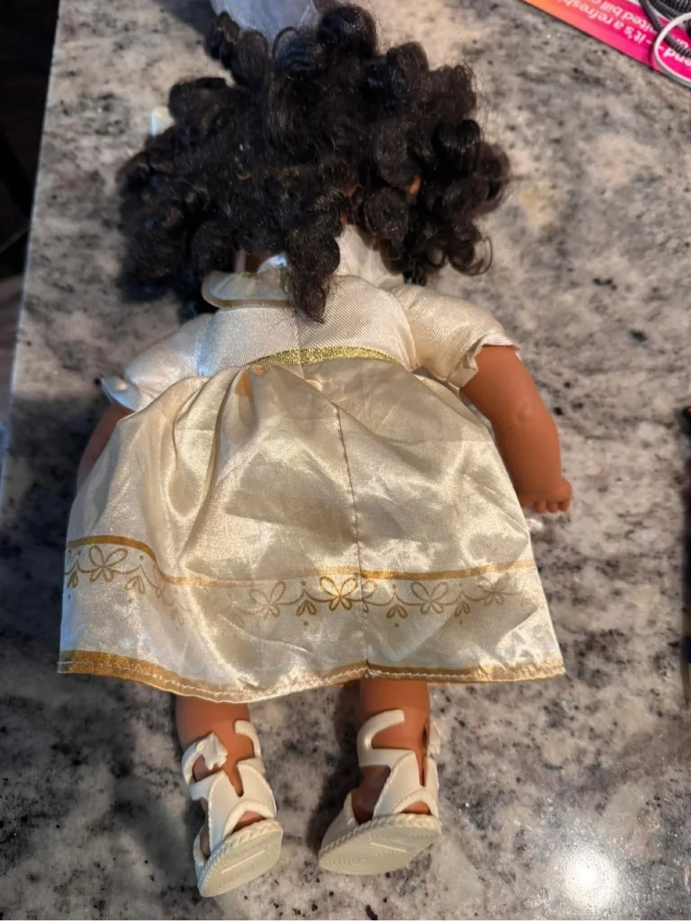 Mirabel Disney Brown-Skinned Curly-Hair Doll in Cream and Gold Dress no glasses